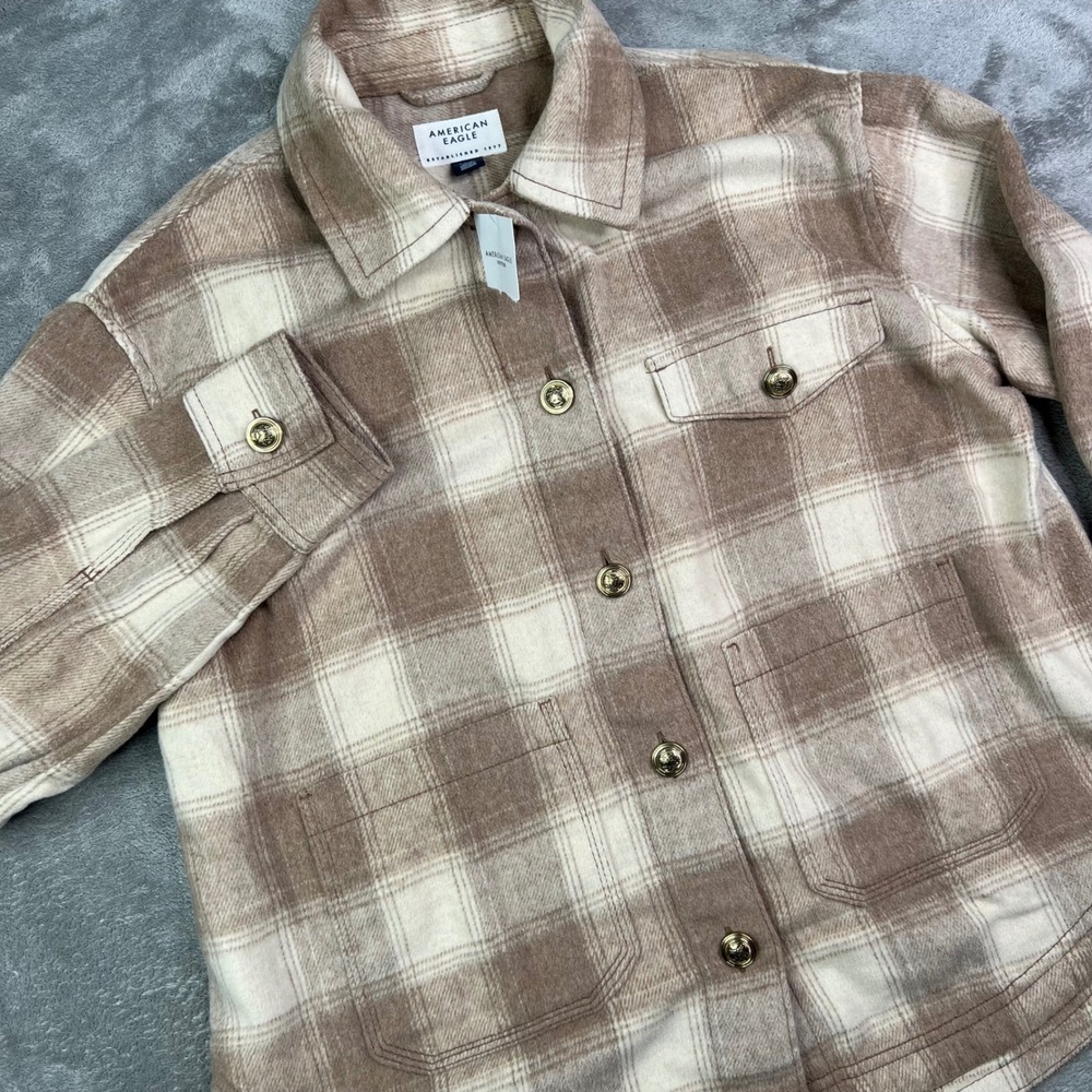 American Eagle Plaid Shacket Womens Small Brown Cream Button Front Wool Blend